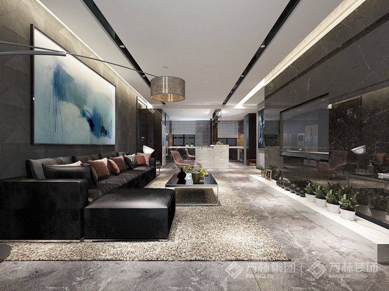 客厅大面积使用灰色的元素，电视墙采用现代感极强的大理石材料，加上厨房开放设计，整体干净整洁。