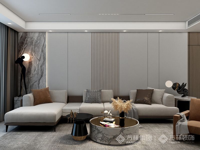 客厅空间以灰色为主基调，统一中又富有变化，顶部无主灯设计，白色的吊顶贯通南北，简约大气。或白或灰的色调，让客厅显得既沉稳也不失时尚，极简的搭配，塑造优雅的同时又具有现代设计感。