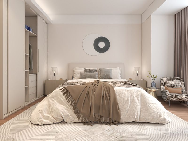 卧室运用了米白色调，简约感十足，白色的棉麻纹理更添加了一些自然气息。
