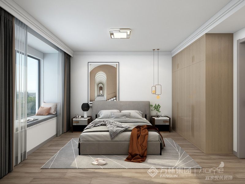 主卧的设计延续了空间的整体风格，以简约线条和色块打造宁静自然的睡眠空间，柔软之处体现于家具单品的质感，构建身体尺度的舒适与放松。